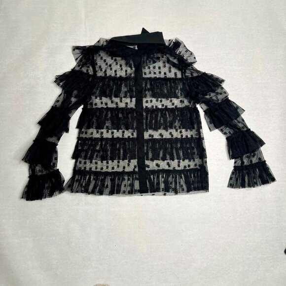 Black Mesh Floral Ruffle Layered See-Through Long Sleeve Button-Up Shirt - Picture 8 of 8